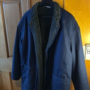 Zara Men's Coat (knee length) navy blue, fleece lined, size s/m